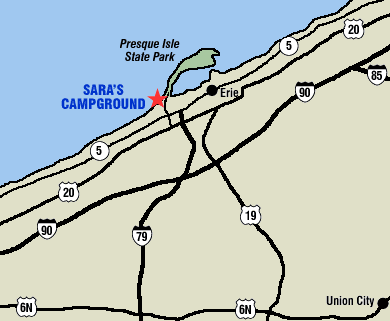 Travel directions to Sara's Campground, Erie, Pennsylvania.